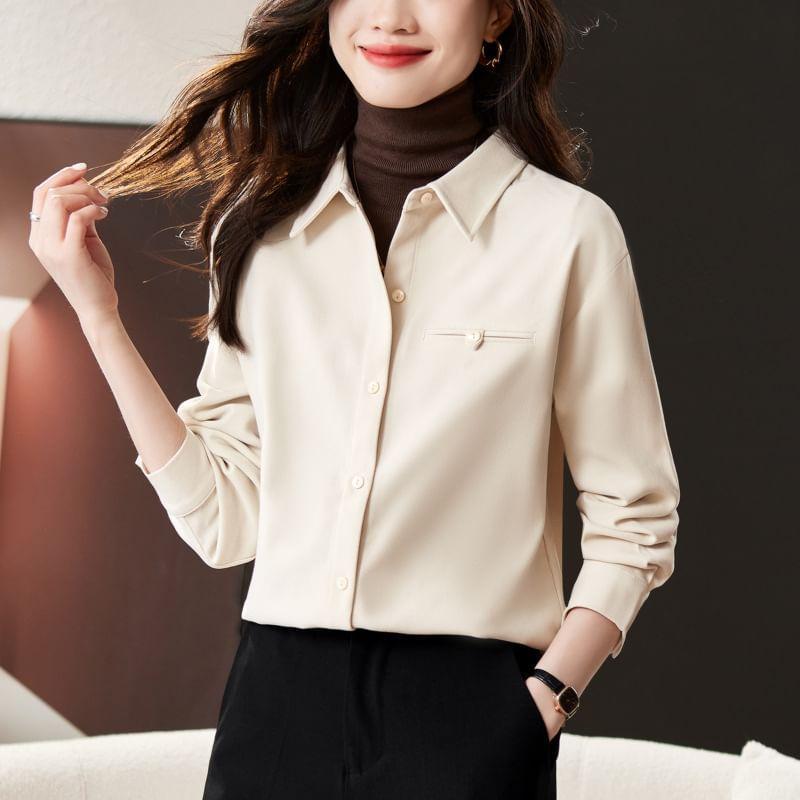 Long-Sleeve Button-Up Plain Shirt Product Image