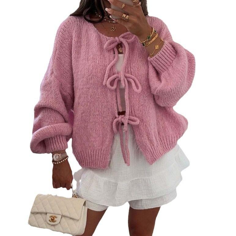 Round Neck Plain Bowknot Cardigan Product Image