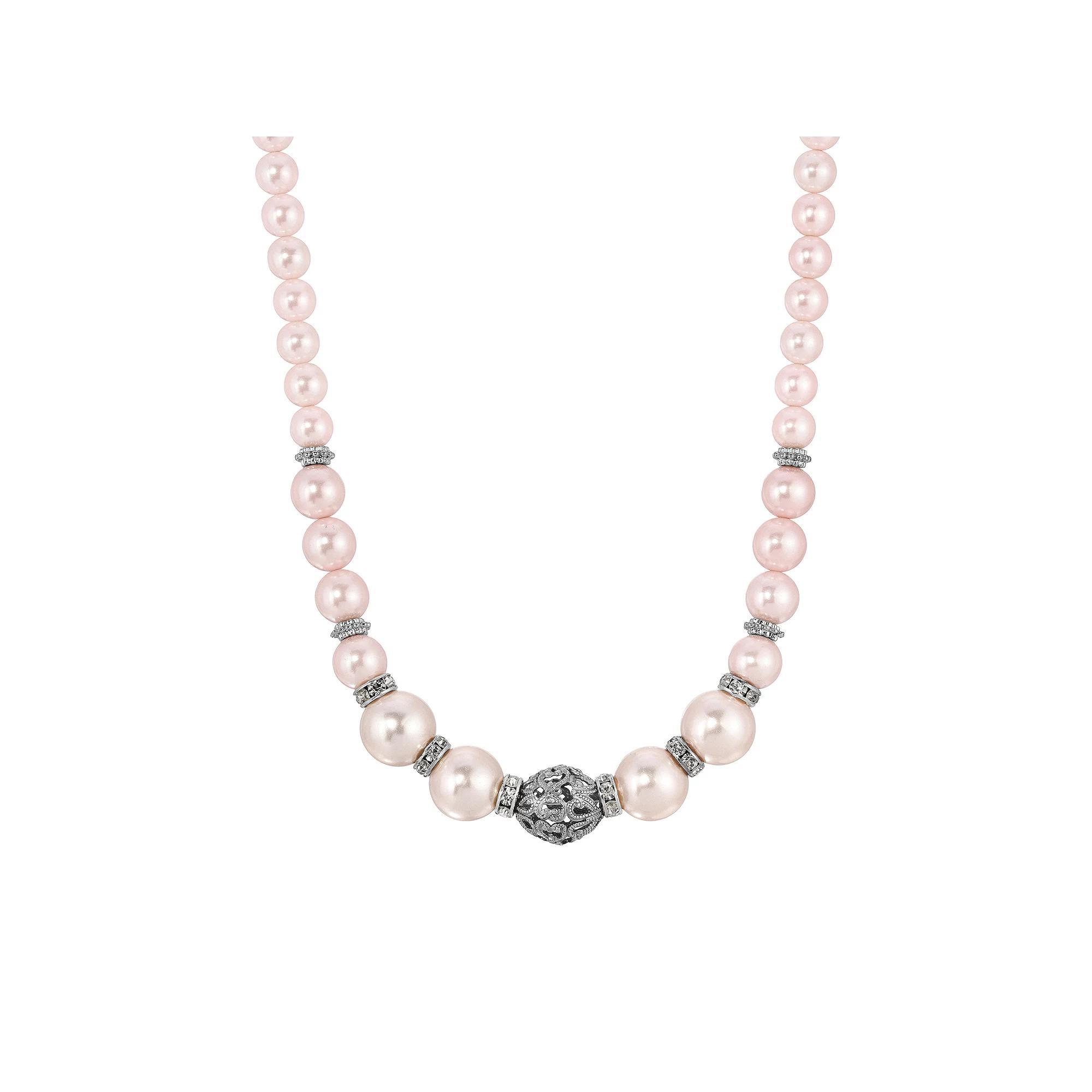 1928 Silver-Tone Simulated Pearl Filigree Bead Necklace, Womens, Pink Product Image