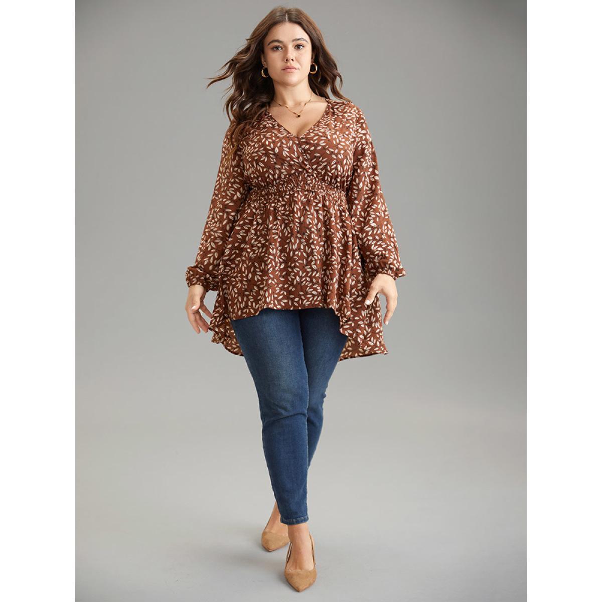 Plus Size Russet Ditsy Floral Shirred Elastic Waist High Low Hem Blouse Women Elegant Long Sleeve V-neck Everyday Blouses BloomChic 10/M Product Image
