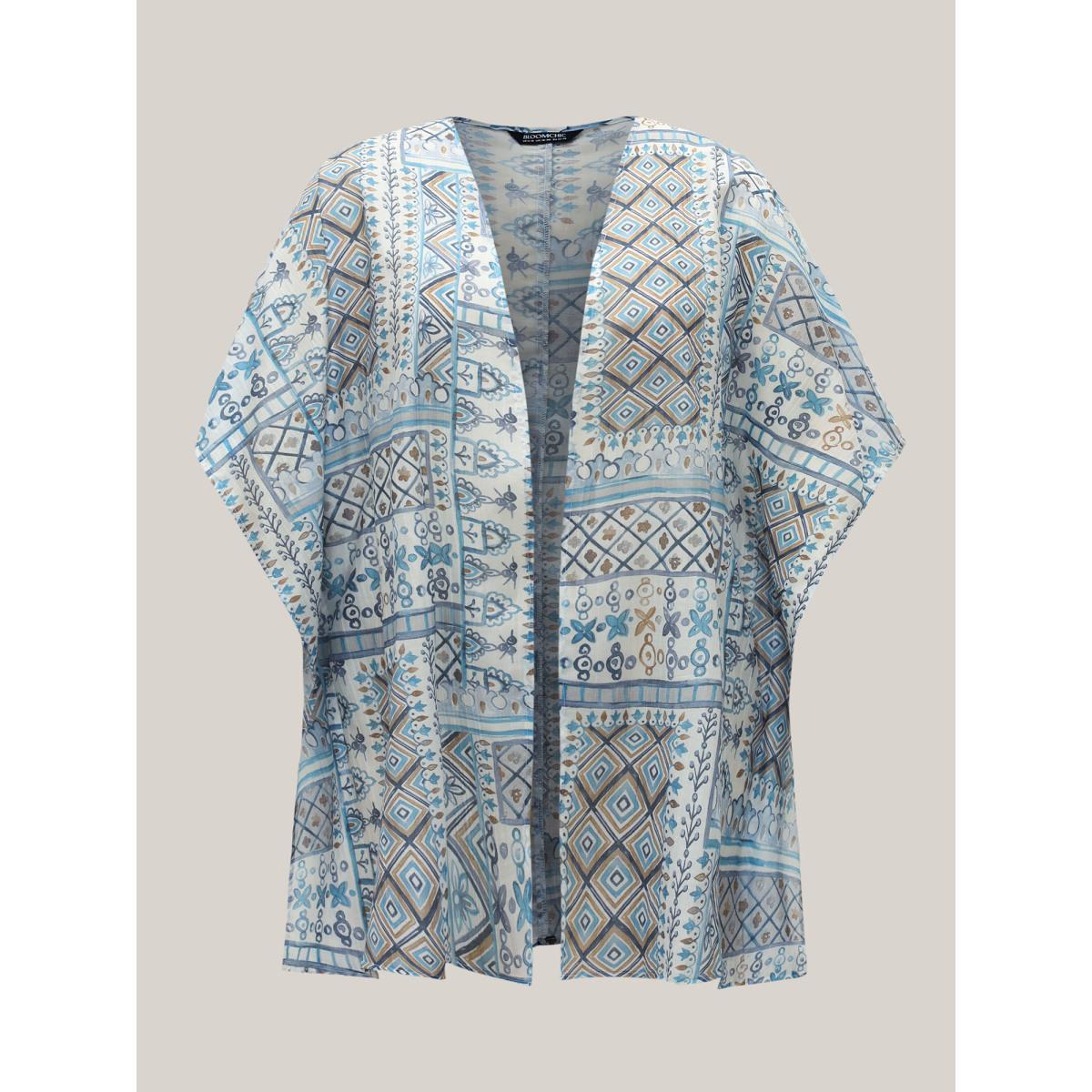 Plus Size Abstract Print Flowy Sleeve Kimono Women Stone Non Loose Vacation Kimonos BloomChic 12/L Product Image