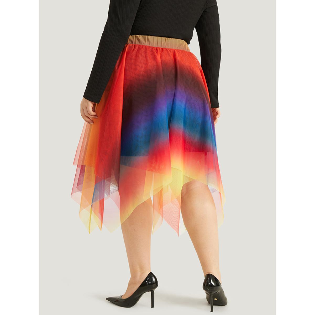 Plus Size Halloween Ombre Tiered Elastic Waist Hanky Hem Skirt Women Multicolor Glamour Contrast No stretch Festival-Halloween Skirts BloomChic 30/6X Product Image