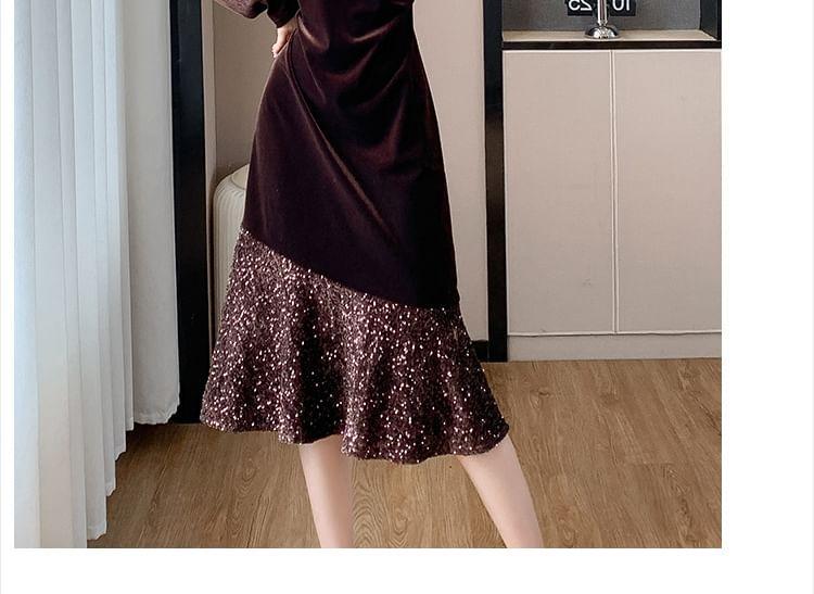 Long Sleeve Round Neck Velvet Sequin Hem Midi A-Line Dress Product Image