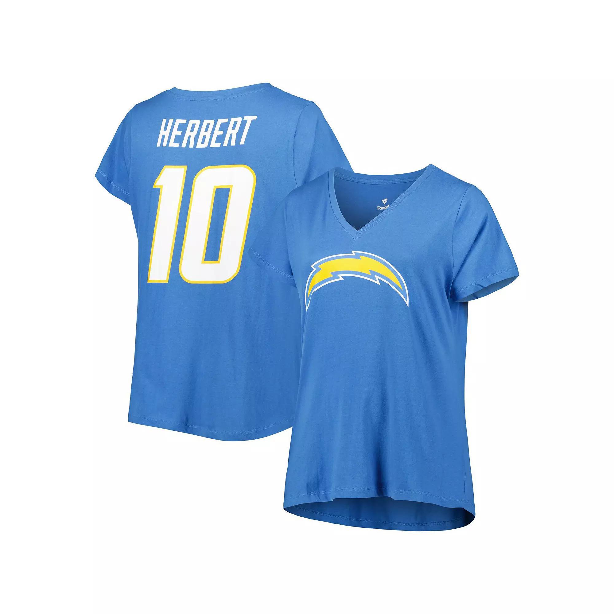 Women's Justin Herbert Powder Blue Los Angeles Chargers Plus Size Fair Catch Name & Number V-Neck T-Shirt, Size: 2XL, Light Product Image