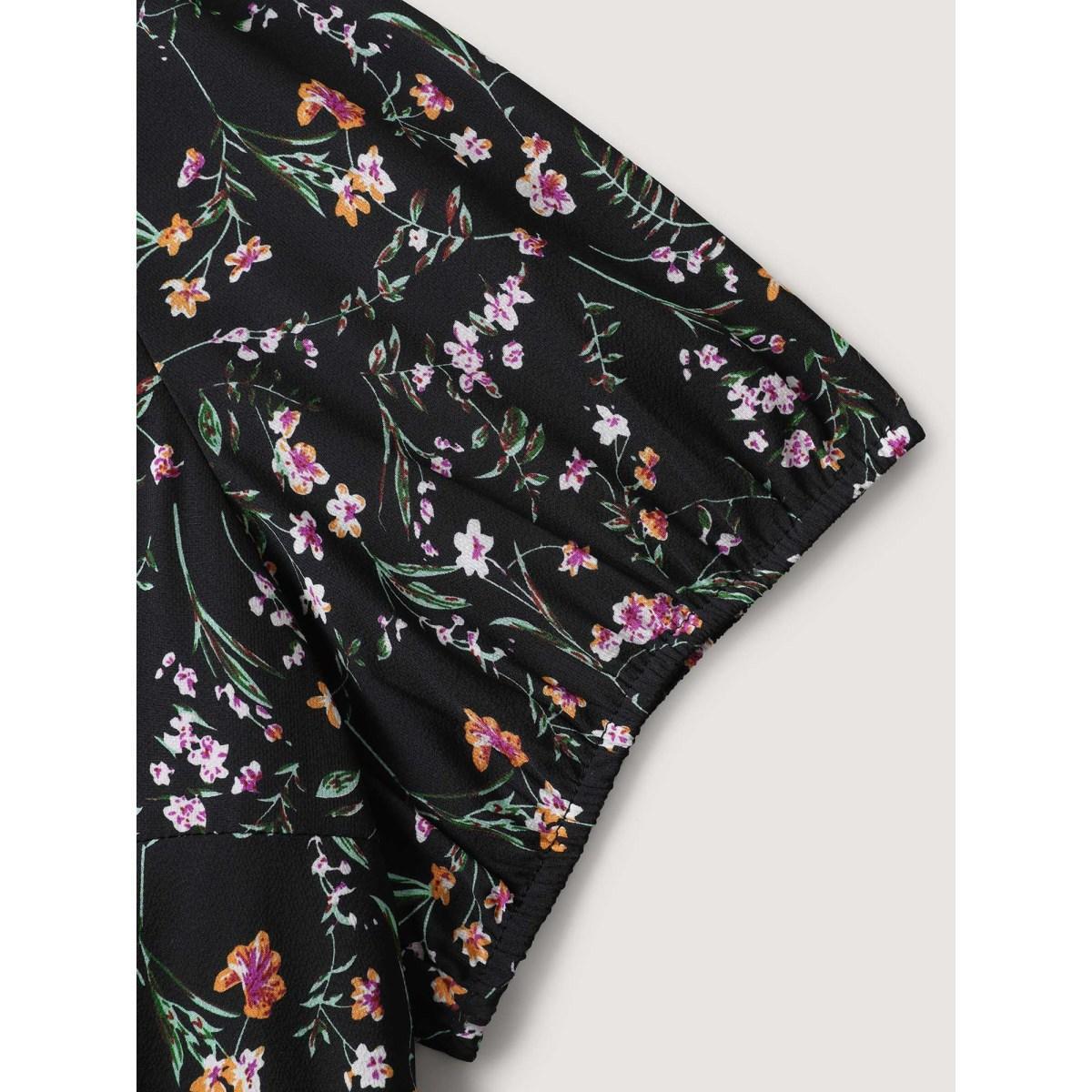 Plus Size Black Floral Print Bow Back Detail Blouse Women Short sleeve Square Neck Everyday-Elegant Blouses BloomChic 28/5X Product Image