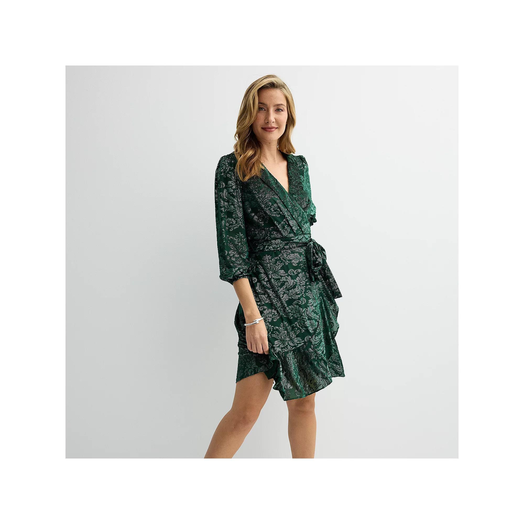 Women's Nanette Lepore Velvet Burnout Wrap Dress with Self Tie Belt, Size: 16, Hunter Green Product Image