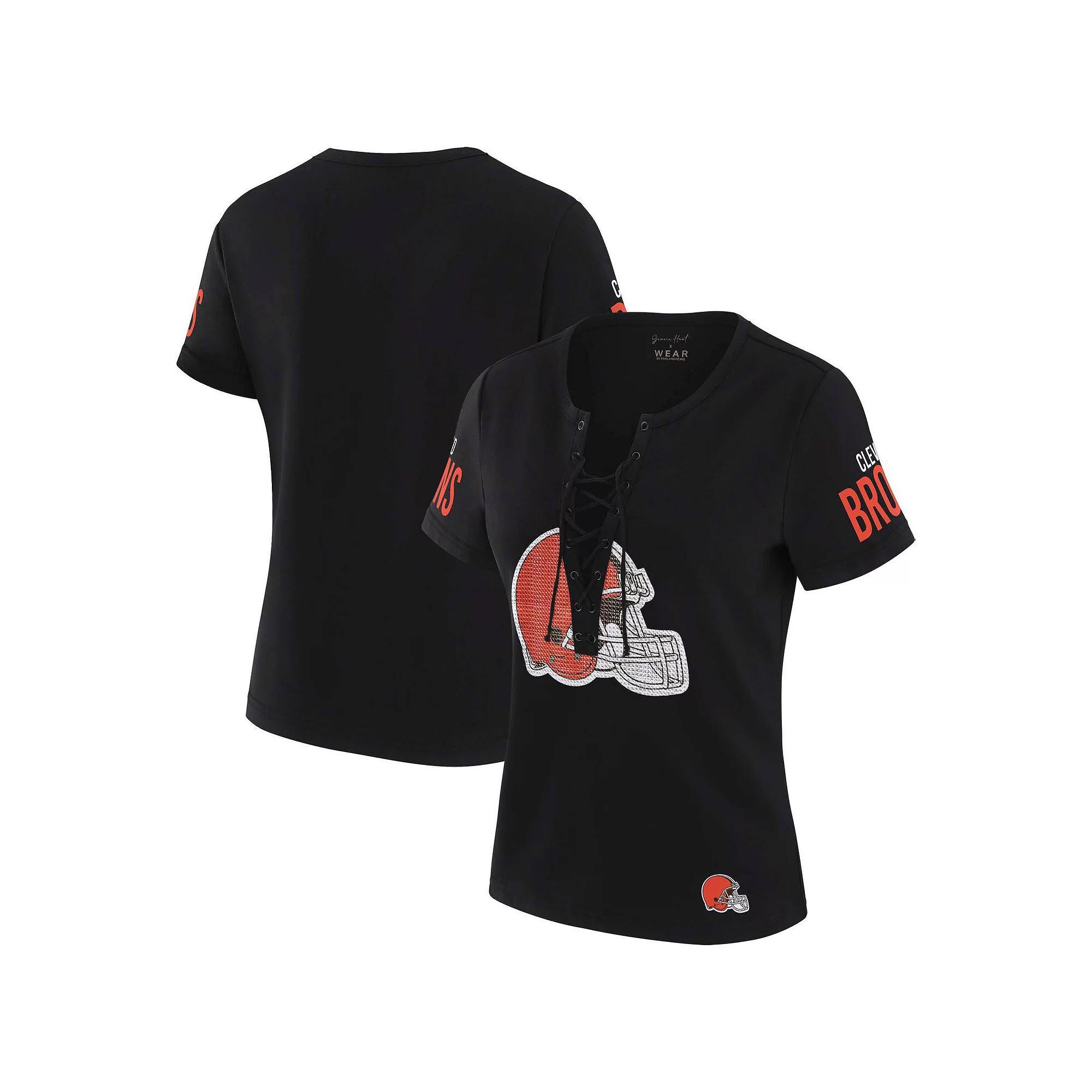 Women's WEAR by Erin Andrews x Gracie Hunt Black Cleveland Browns Draft Me Lace-Up T-Shirt, Size: XL Product Image