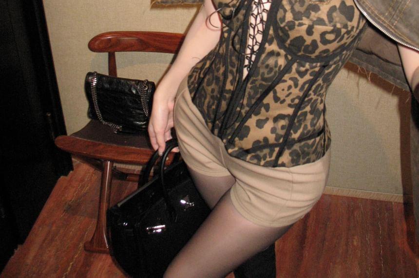 Leopard-Print Lace-Up Corset Top / Shorts Product Image