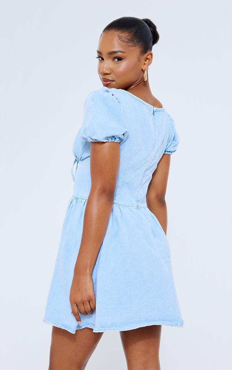 Light Blue Wash Puff Sleeve Fitted Waist Denim Dress Product Image