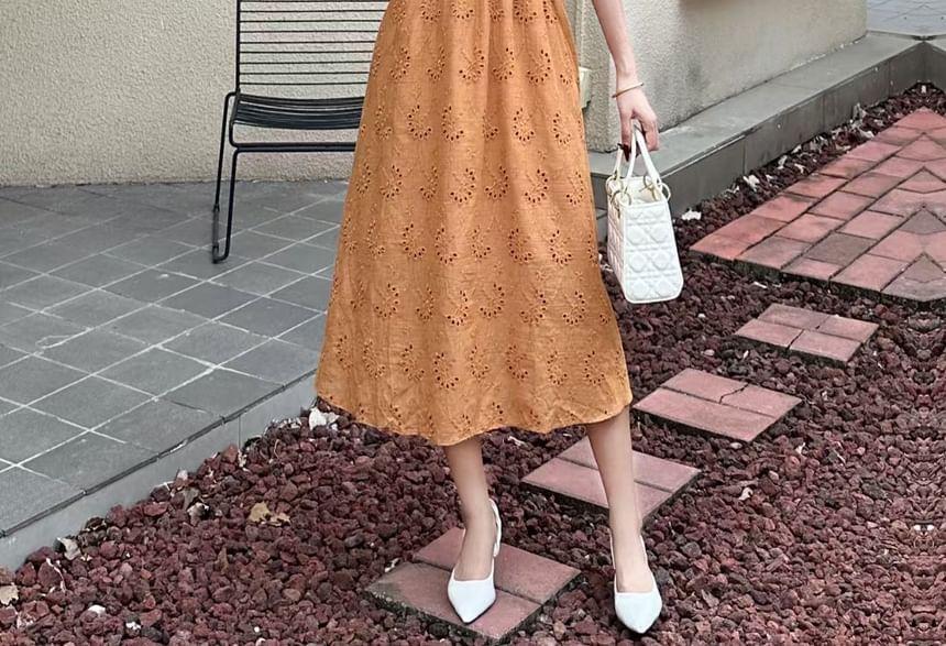 Short-Sleeve V-Neck Flower Embroidered Midi A-Line Dress Product Image