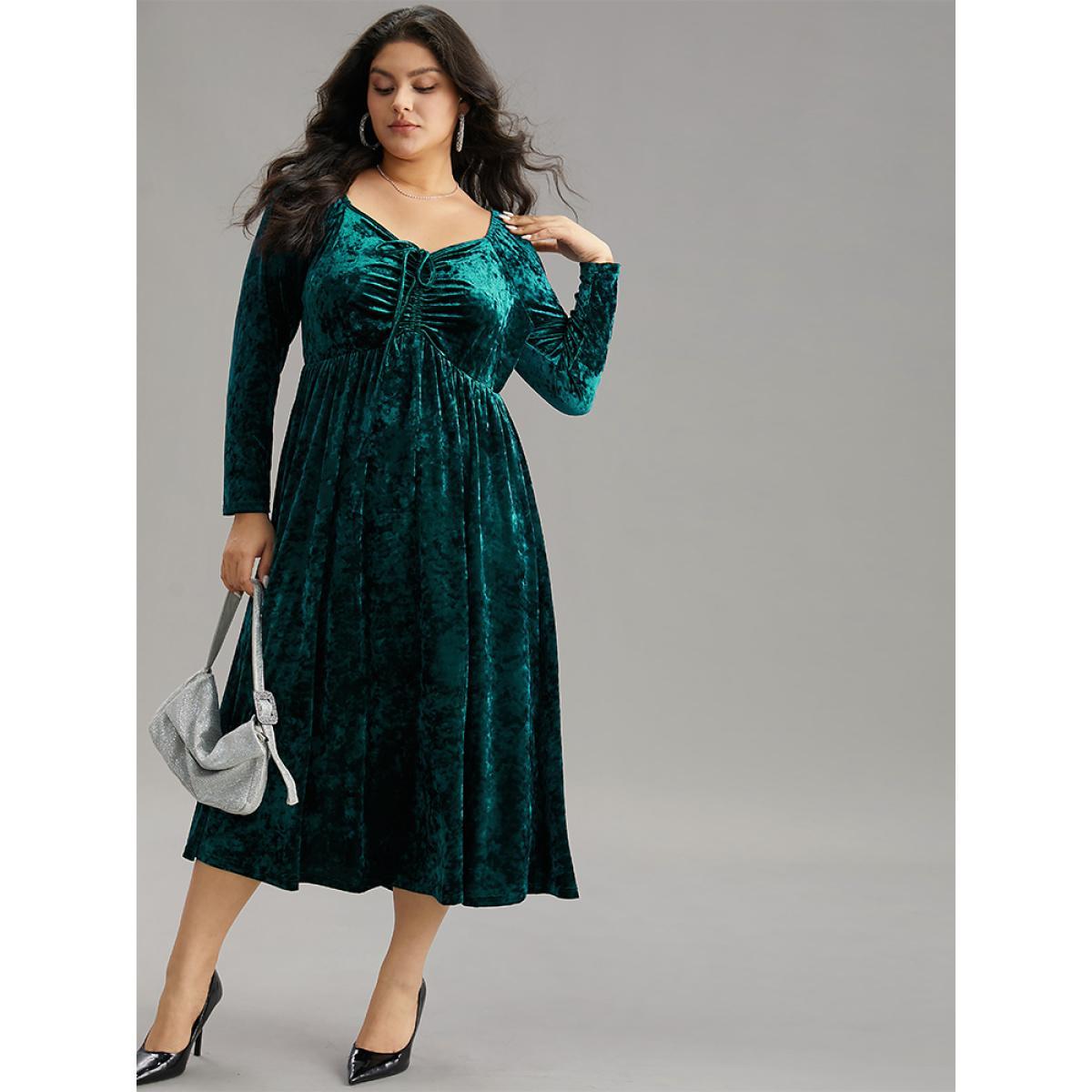 Plus Size Velvet Ruched Ties Pocket Square Neck Dress Teal Women Glamour Elastic cuffs Square Neck Long Sleeve Curvy Midi Dress BloomChic 28/5X Product Image