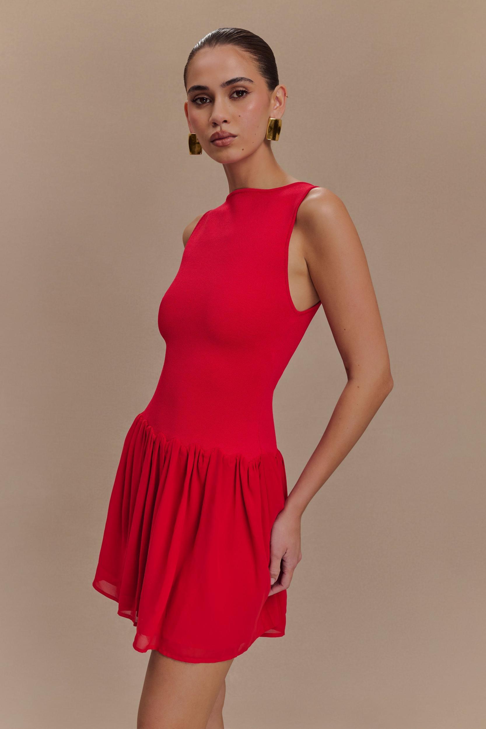 Ashleigh Knit And Chiffon Mini Dress - Red Product Image