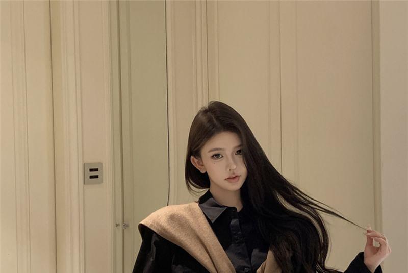Overfit Plain Shirt / Faux-Suede Fringed Mini Skirt / Knit Shawl Product Image