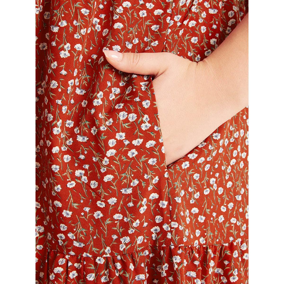 Plus Size Ditsy Floral Pocket Layered Patchwork Crew Neck Dress Russet Women Elegant Printed Round Neck Short sleeve Curvy Midi Dress BloomChic 18-20/2X Product Image
