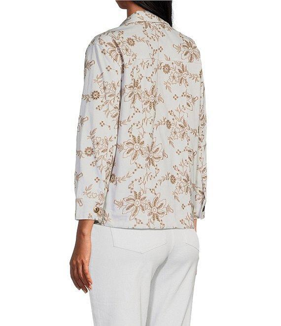 Multiples Allover Embroidery Point Collar 3/4 Sleeve Button-Front Twill Jacket Product Image