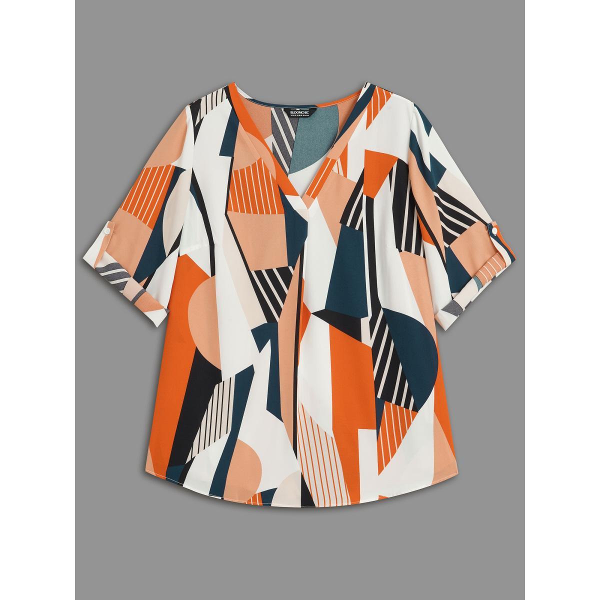 Plus Size Multicolor Abstract Print Tab Sleeve Blouse Women At the Office Elbow-length sleeve V-neck Work Blouses BloomChic 12/L Product Image