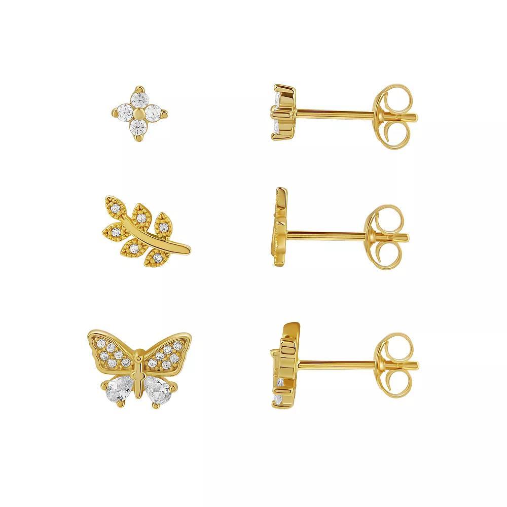 PRIMROSE Sterling Silver Cubic Zirconia Flower, Butterfly & Beaded Leaf Stud Earring Trio Set, Women's, Gold Over Sterling Product Image