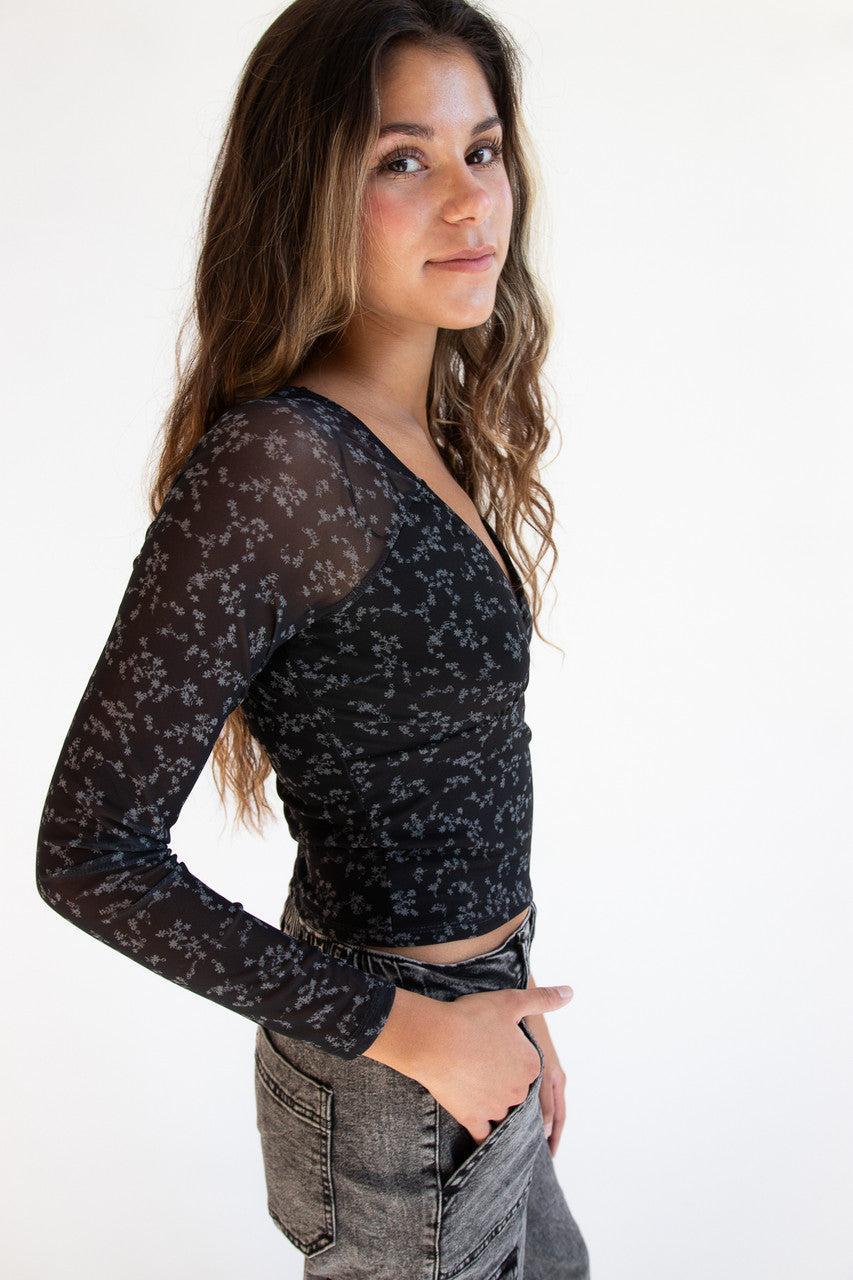 Long Sleeve Floral Mesh Top Product Image