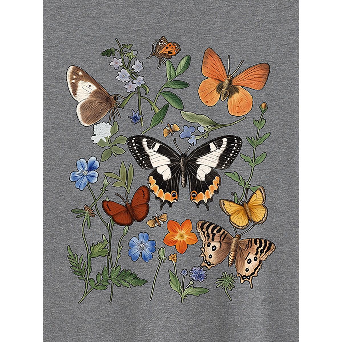 Plus Size Butterfly Garden Print Crew Neck T-Shirt DarkGray Women Non Natural Flowers Round Neck Everyday-Casual T-shirts BloomChic 10/M Product Image