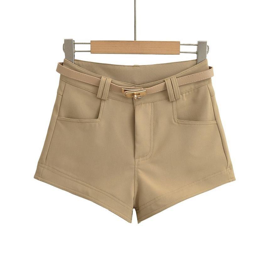 Set: High Waist Plain Shorts + Faux Leather Belt Product Image