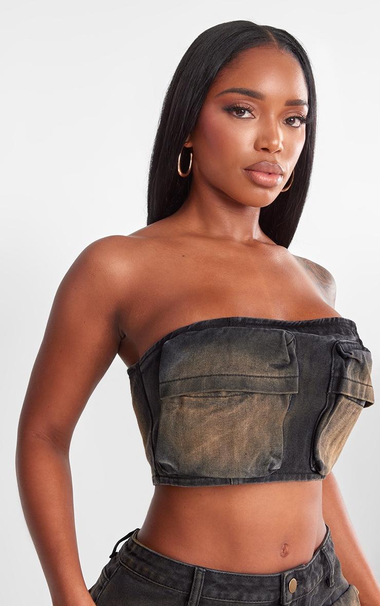 Shape Brown Washed Denim Pocket Detail Bandeau Crop Top Product Image