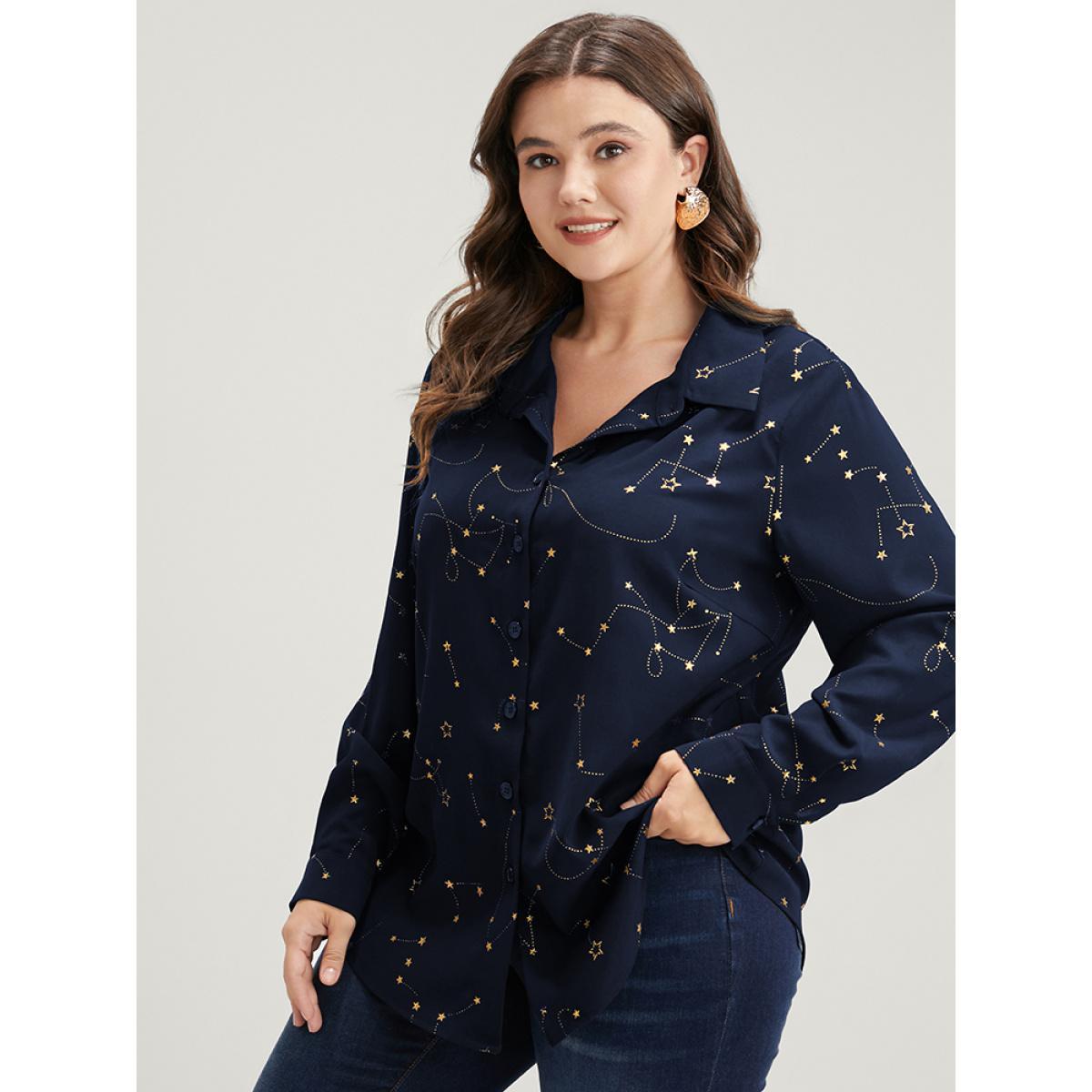 Plus Size Navy Star Print Button Up Arc Hem Blouse Women Party Long Sleeve Shirt collar Going out Blouses BloomChic 26/4X Product Image