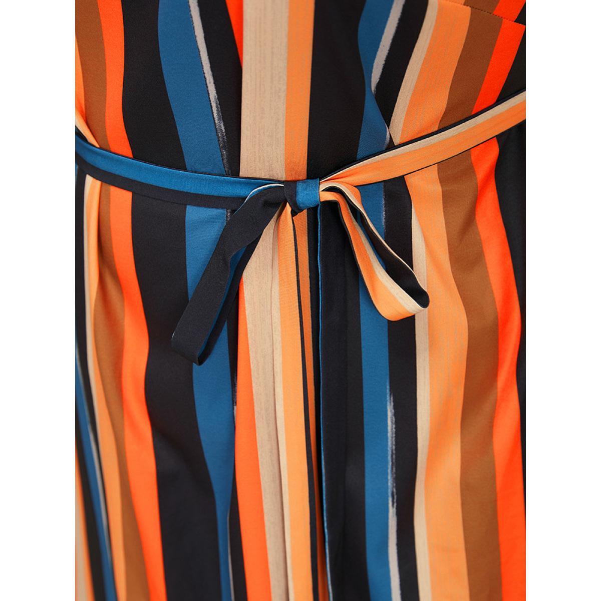 Plus Size Rainbow Striped Batwing Sleeve Pocket Belt Dress Multicolor Women Vacation Contrast V-neck Short sleeve Curvy Knee Dress BloomChic 10/M Product Image