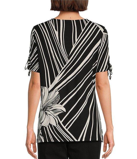 Allison Daley Petite Size Hibiscus Wave Print Short Ruched Tie Sleeve Square Neck Knit Top Product Image