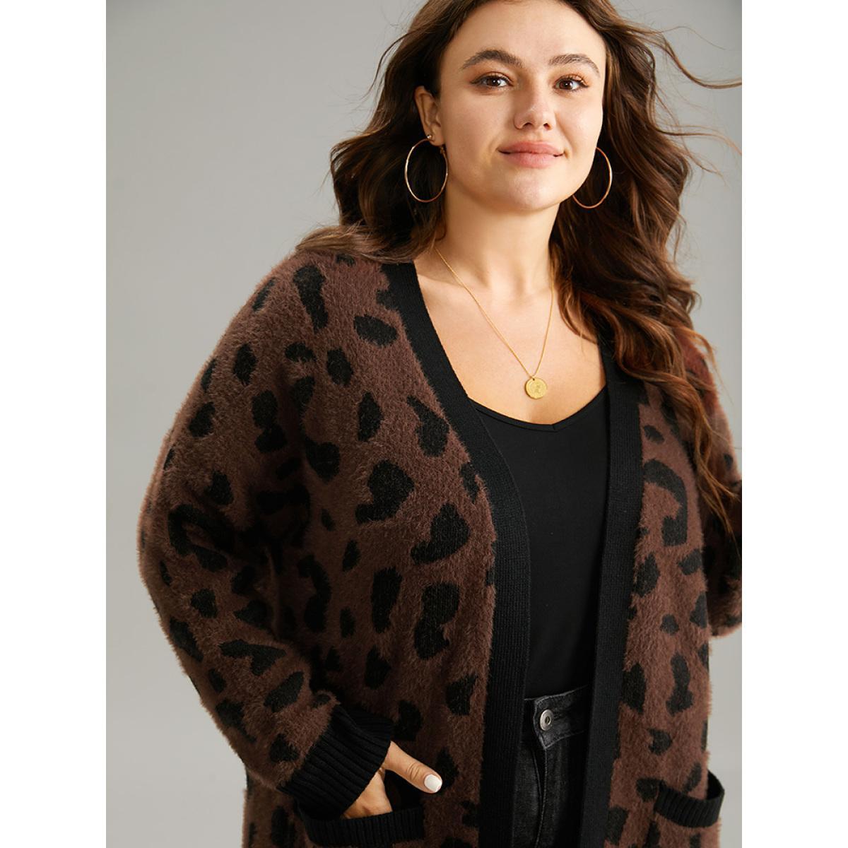 Plus Size Leopard Contrast Open Front Jacquard Cardigan DarkBrown Women Casual Loose Long Sleeve Everyday Cardigans BloomChic 30/6X Product Image