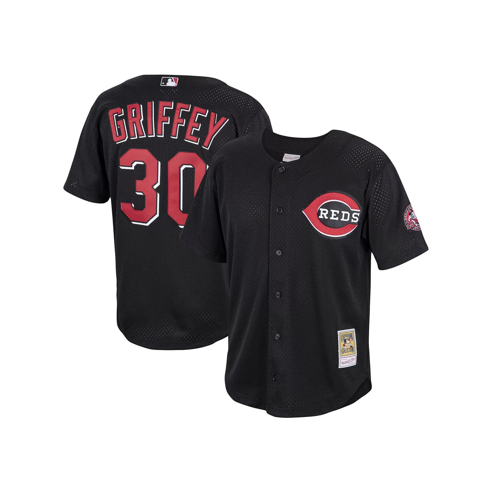 Men's Mitchell & Ness Ken Griffey Jr. Black Cincinnati Reds Cooperstown Collection Mesh Batting Practice Button-Up Jersey, Size: Large, Red Black Product Image