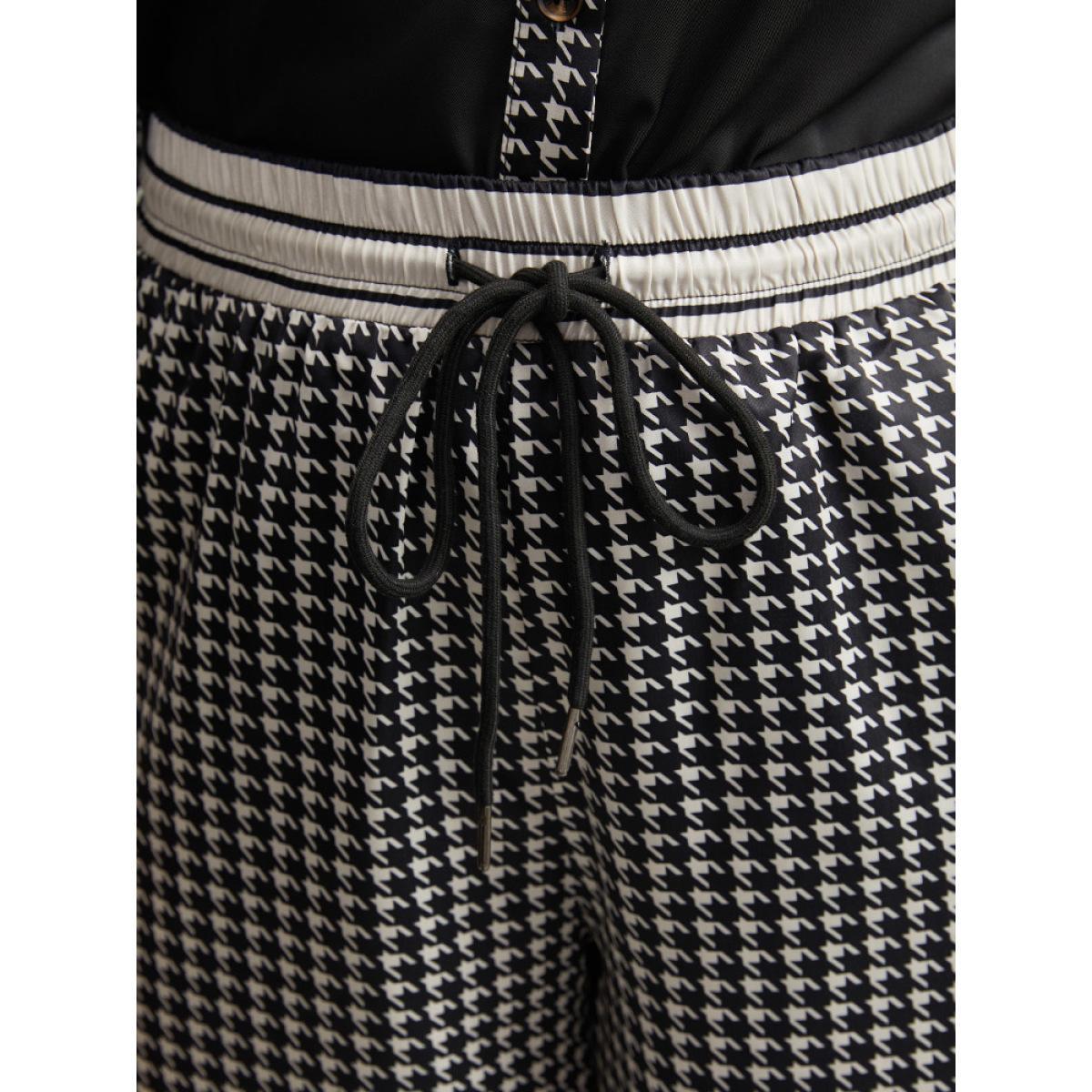 Plus Size Houndstooth Drawstring Straight Leg Pants Women Black Office Straight Leg High Rise Work Pants BloomChic 14-16/1X Product Image