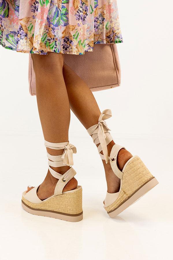 The Sofia Lace Up Wedge In Stone Product Image