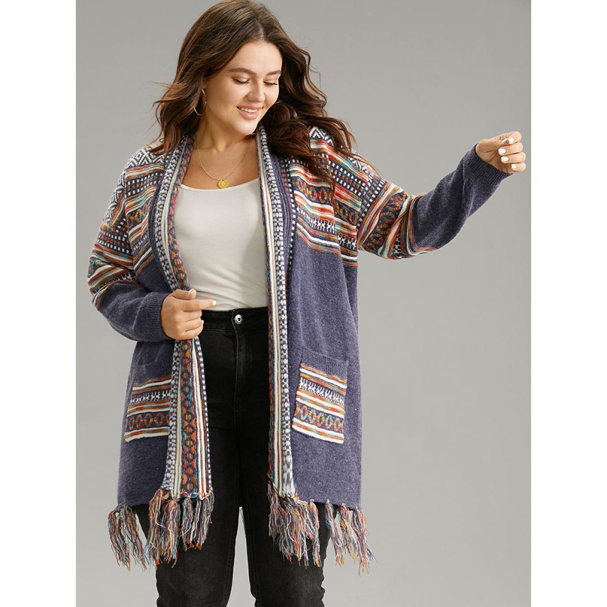 Plus Size Supersoft Essentials Bandana Tassel Trim Cardigan Indigo Women Casual Loose Long Sleeve Everyday Cardigans BloomChic 28/5X Product Image