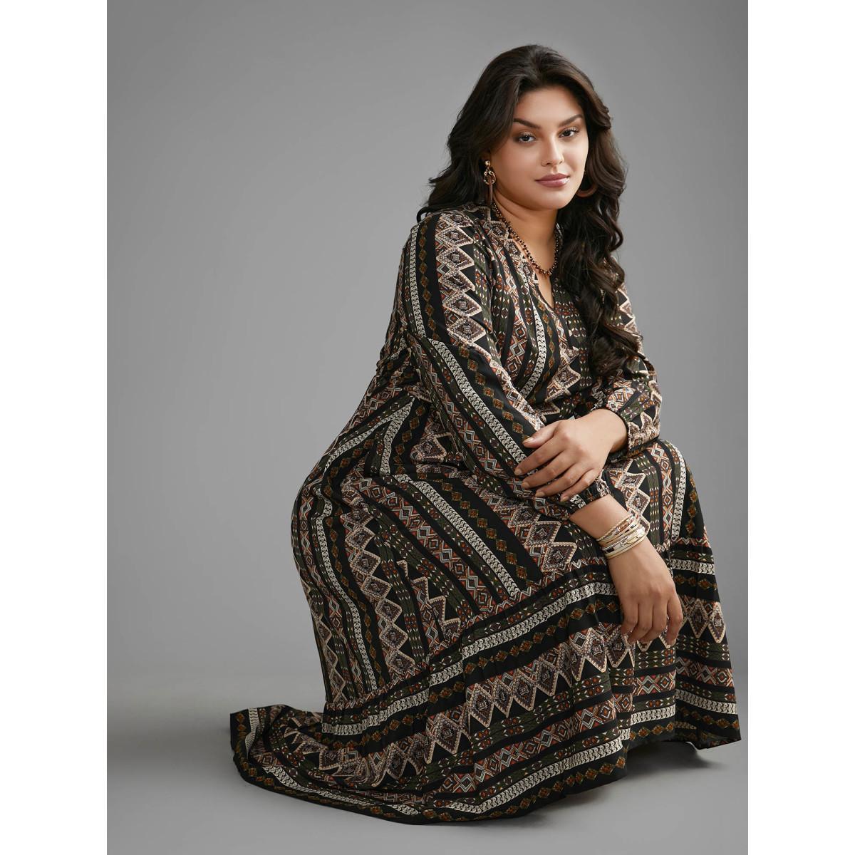 Plus Size Bandana Lantern Sleeve Ruffle Hem Dress Black Women Resort Non Notched collar Long Sleeve Curvy BloomChic 22-24/3X Product Image
