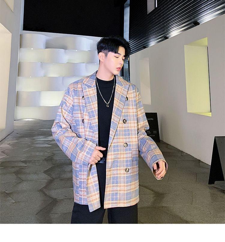 Peak Lapel Plaid Double-Breasted Blazer Product Image
