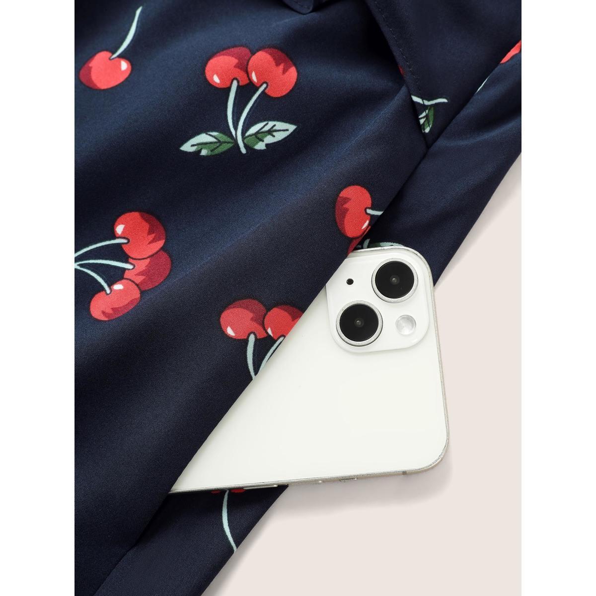 Plus Size Citrus Fruit Print Tie Knot Gathered Puff Sleeve Dress DarkBlue Women Elegant Tie knot V-neck Short sleeve Curvy Midi Dress BloomChic 22-24/3X Product Image