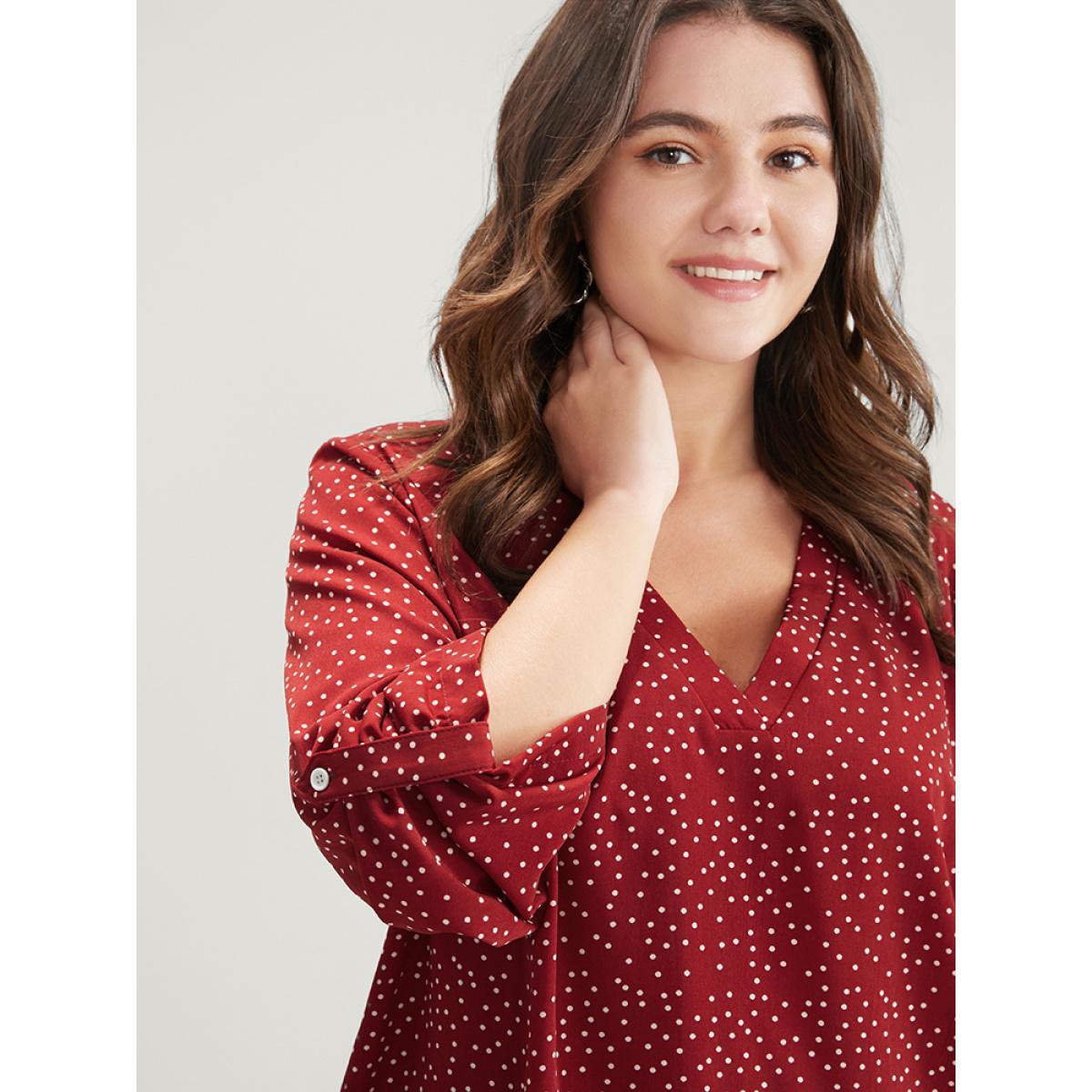 Plus Size Burgundy Polka Dot Roll Sleeve V Neck Blouse Women Elegant Elbow-length sleeve V-neck Dailywear Blouses BloomChic 12/L Product Image