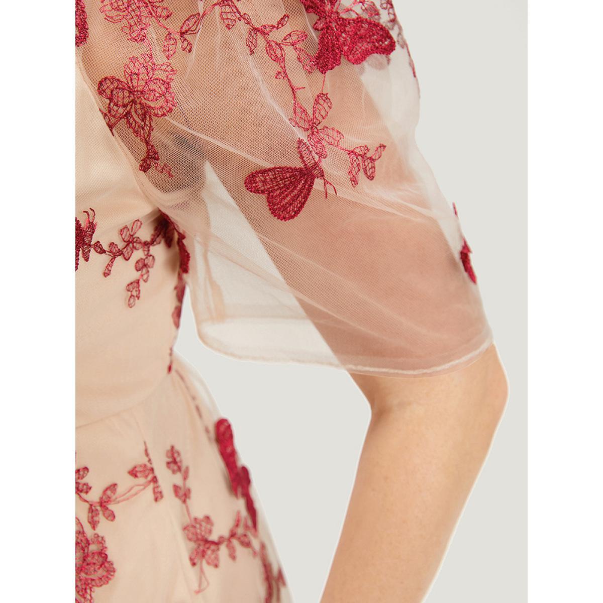 Plus Size Silhouette Floral Print Mesh Puff Sleeve Dress Beige Women Elegant Lined V-neck Half Sleeve Curvy Midi Dress BloomChic 22-24/3X Product Image