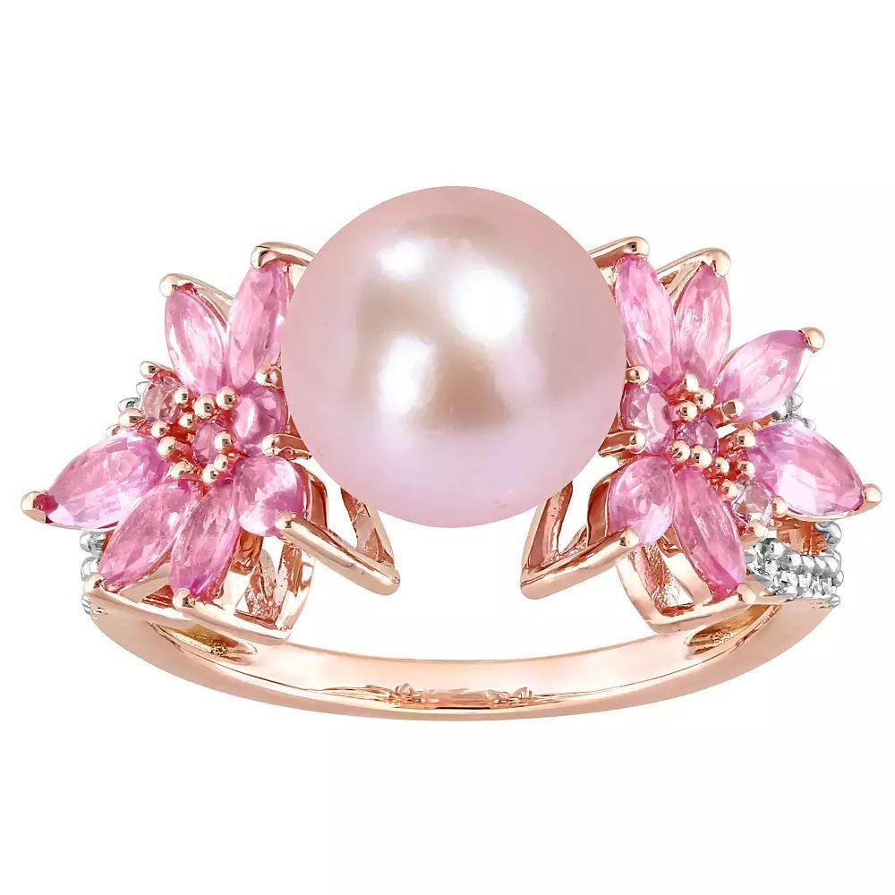 Stella Grace 14k Rose Gold Dyed Pink Freshwater Cultured Pearl, Pink Sapphire & 1/8 Carat T.W. Diamond Flower Ring, Women's, Size: 6 Product Image