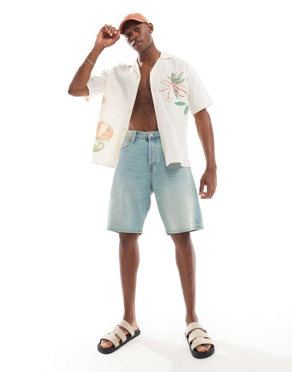 Jack & Jones revere collar shirt with flower art print in white Product Image