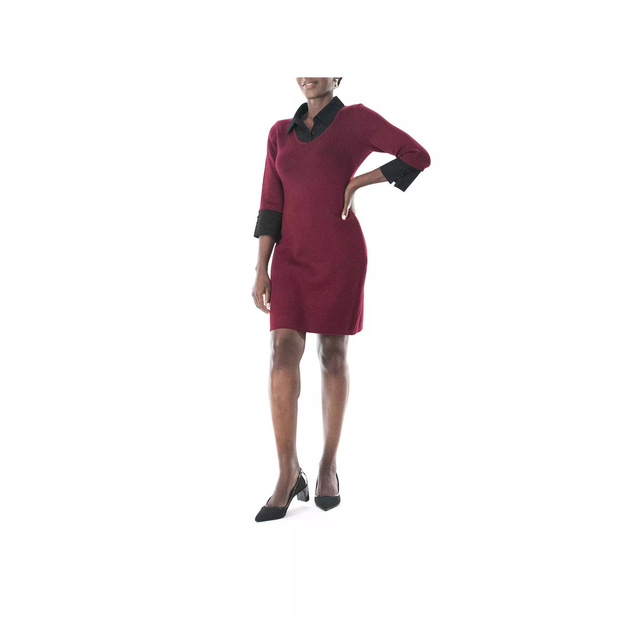 Women's Nina Leonard Georgette Mock-Layer Sweater Dress, Size: Large, Wine Black Product Image