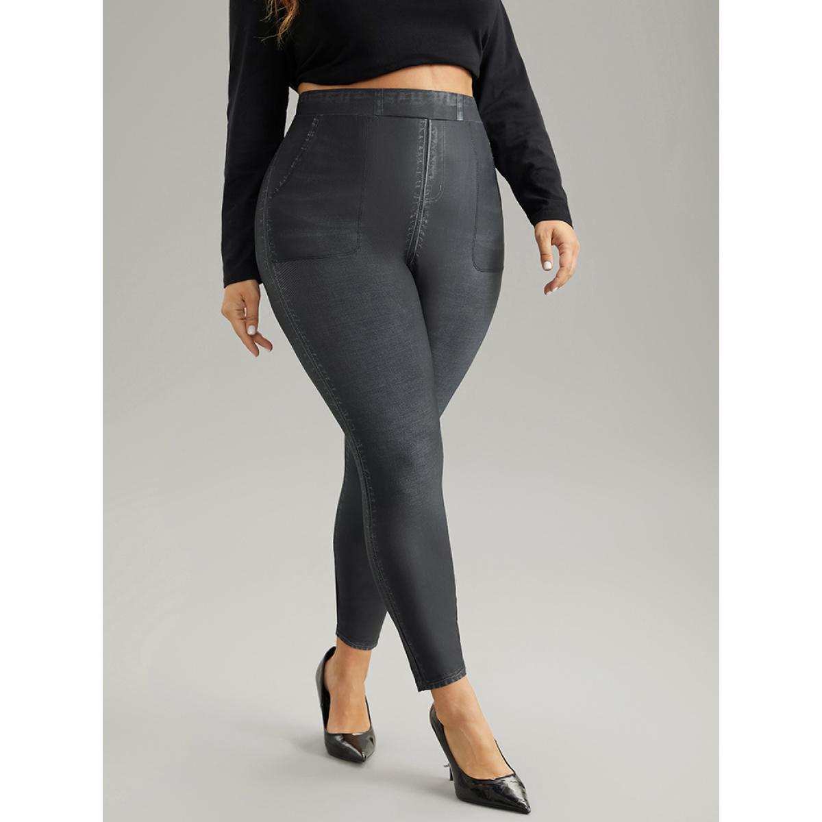 Plus Size Denim Effect Print Pocket Leggings Women Black Casual High stretch Skinny High Rise Dailywear Leggings BloomChic 26/4X Product Image