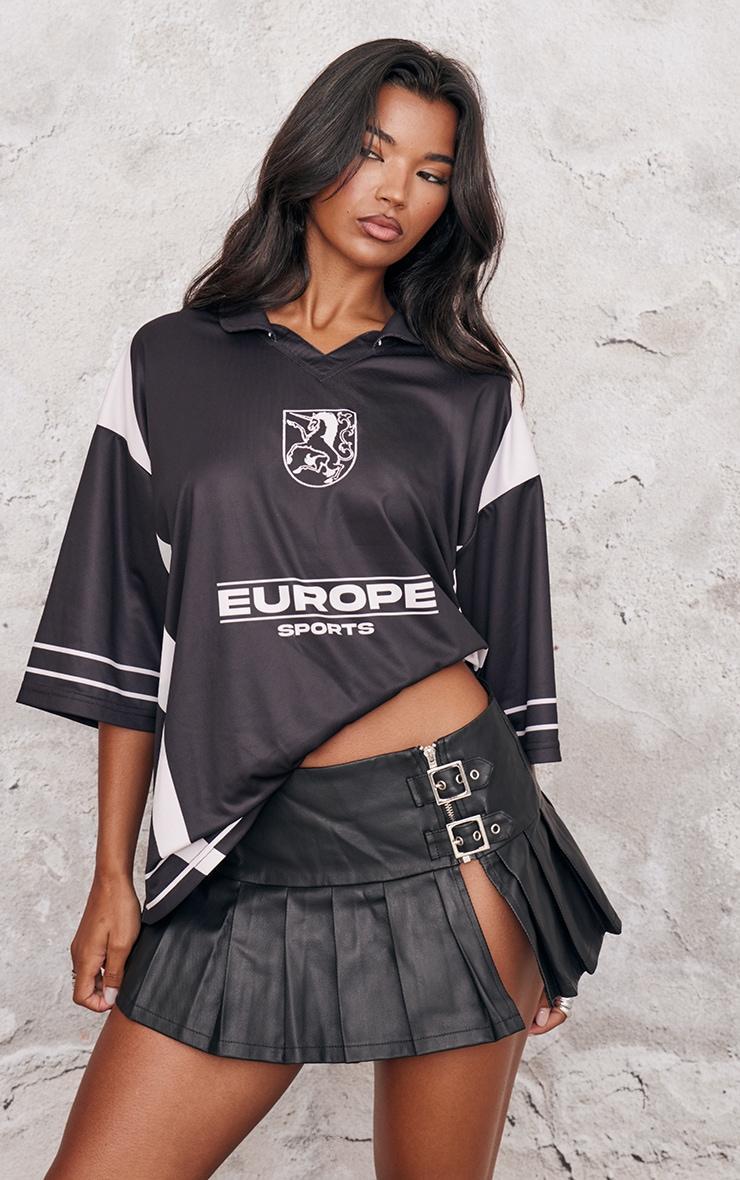 Black Coated Denim Buckle Detail Ultra Mini Skirt Product Image