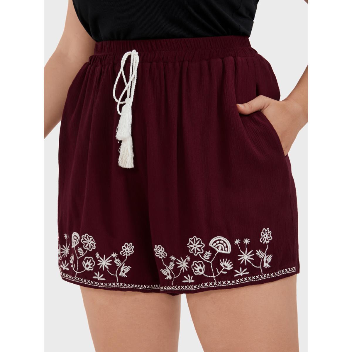 Plus Size Floral Embroidered Ties Elastic Waist Pocket Shorts Women Burgundy Casual Embroidered Dailywear Shorts BloomChic 14-16/1X Product Image
