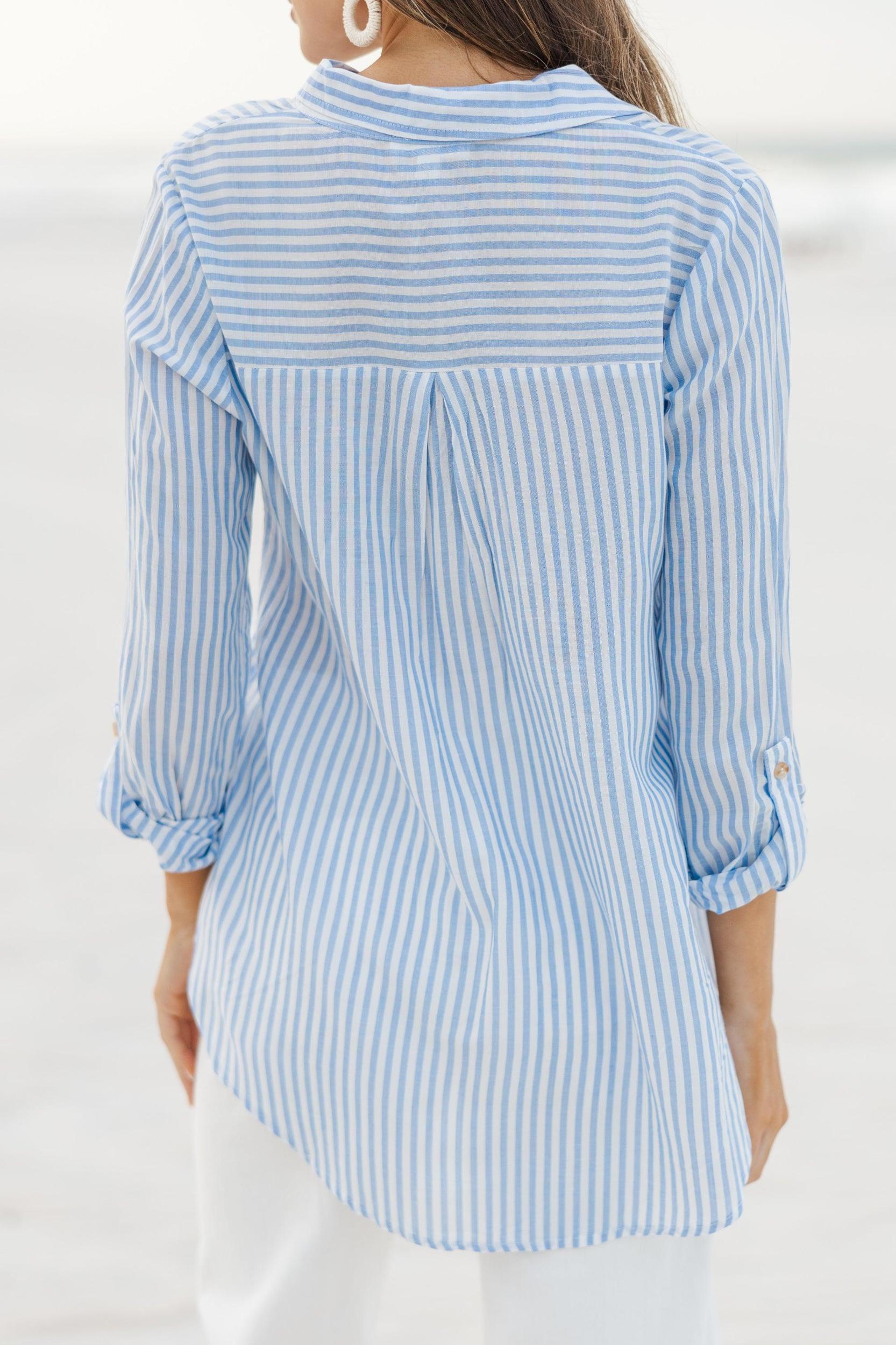Need You More Blue Striped Button Down Blouse Female Product Image
