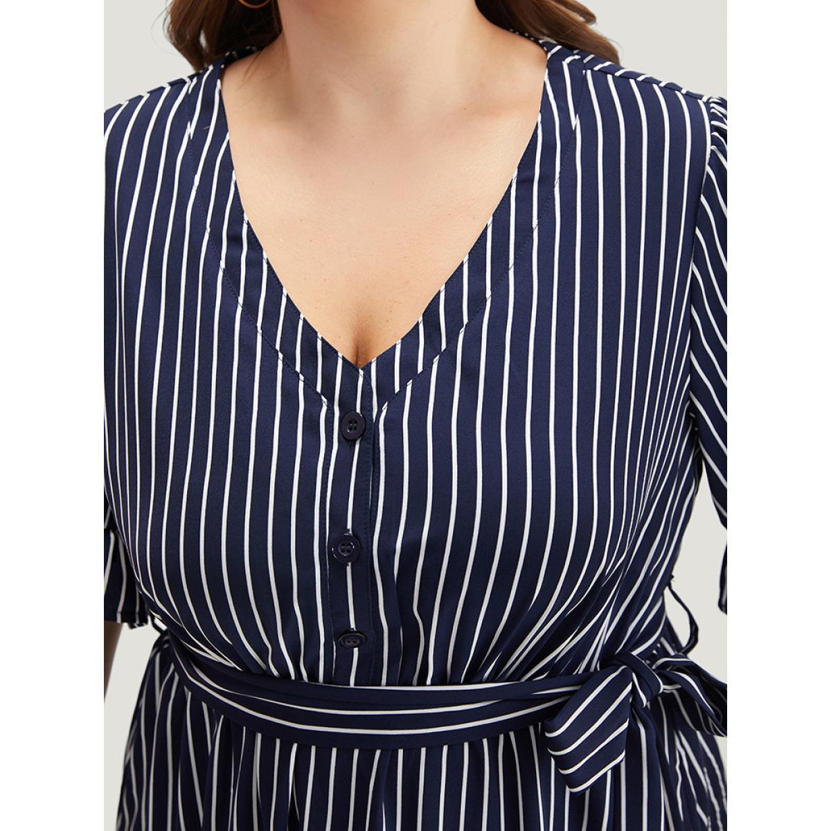 Plus Size Striped Belted Button Detail Flutter Sleeve Dress DarkBlue Women Casual Belted V-neck Short sleeve Curvy Midi Dress BloomChic 18-20/2X Product Image
