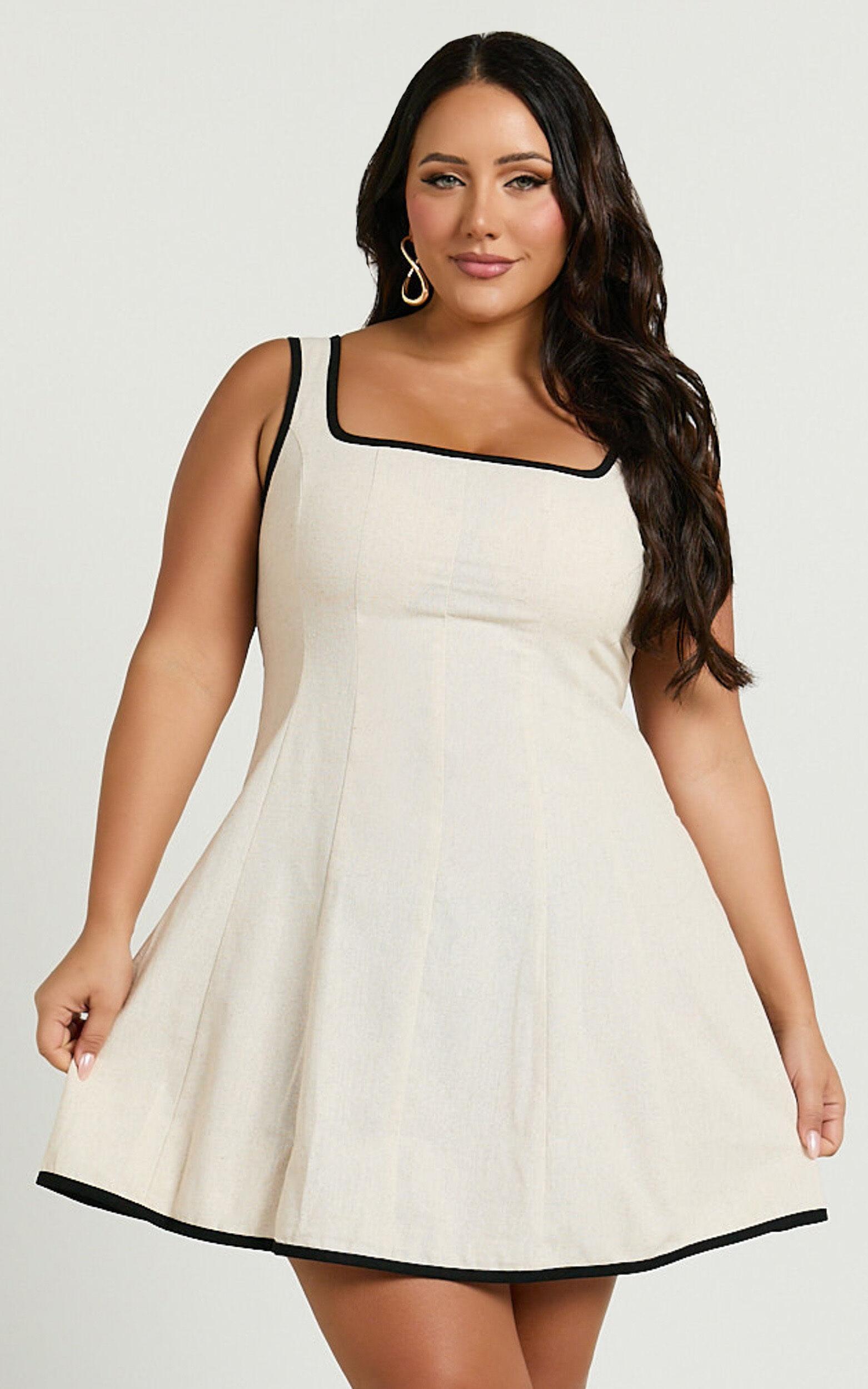 Antoni Mini Dress - Linen Ruched Back Square Neck Fit and Flare Dress in Natural Product Image