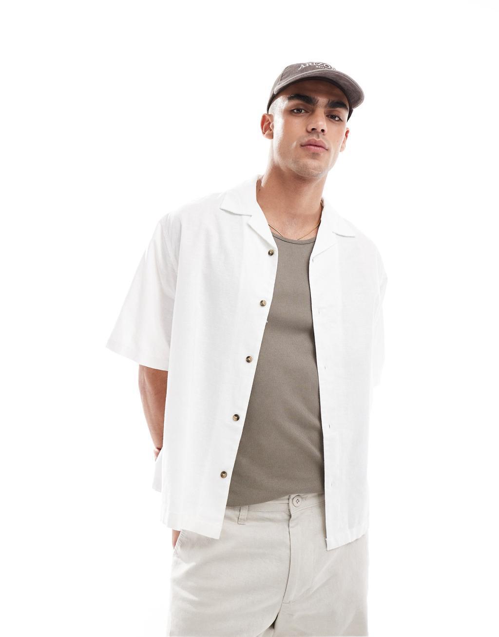 ASOS DESIGN boxy oversized linen blend shirt with camp collar in white Product Image