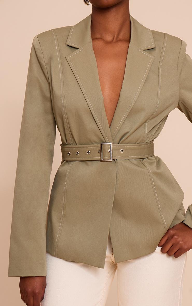 Sage Tie Waist Contrast Stitch Blazer Product Image