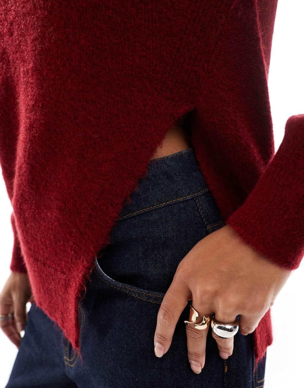 ASOS DESIGN knitted asymmetric sweater with ruched side in burgundy Product Image